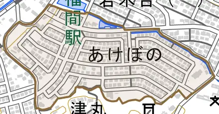 あけぼのとその周辺の地図。町の範囲を重ねている