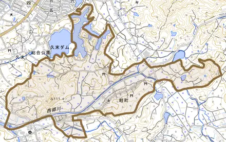 畦町とその周辺の地図。町の範囲を重ねている