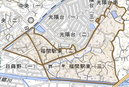 福間駅東とその周辺の地図。町の範囲を重ねている