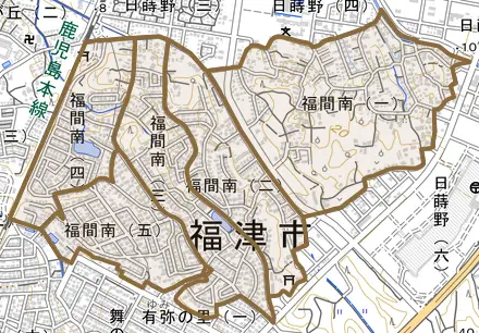 福間南とその周辺の地図。町の範囲を重ねている