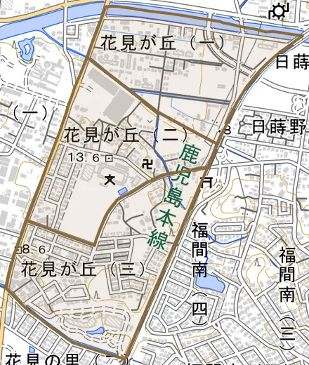 花見が丘とその周辺の地図。町の範囲を重ねている