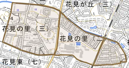 花見の里とその周辺の地図。町の範囲を重ねている
