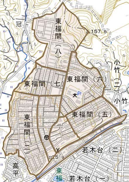 東福間とその周辺の地図。町の範囲を重ねている
