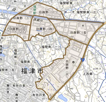 日蒔野とその周辺の地図。町の範囲を重ねている