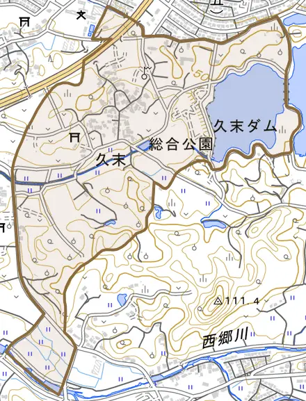 久末とその周辺の地図。町の範囲を重ねている