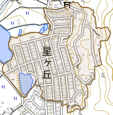 星ヶ丘とその周辺の地図。町の範囲を重ねている