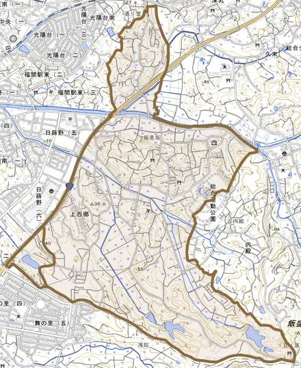上西郷とその周辺の地図。町の範囲を重ねている