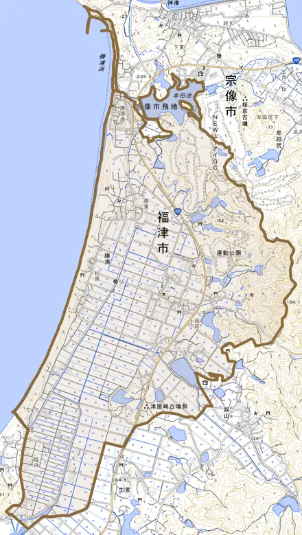勝浦とその周辺の地図。町の範囲を重ねている