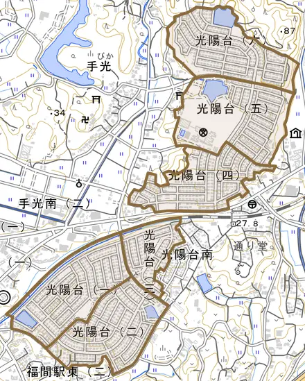 光陽台とその周辺の地図。町の範囲を重ねている