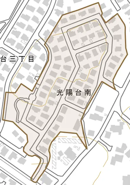 光陽台南とその周辺の地図。町の範囲を重ねている