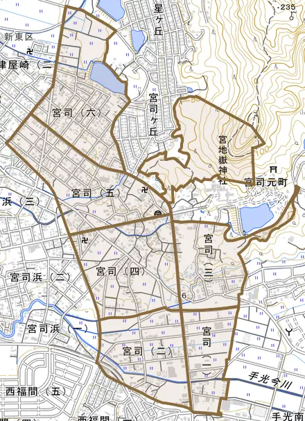 宮司とその周辺の地図。町の範囲を重ねている