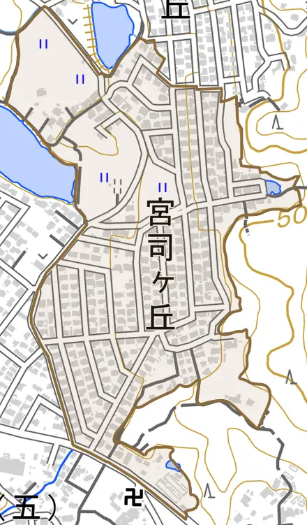 宮司ヶ丘とその周辺の地図。町の範囲を重ねている