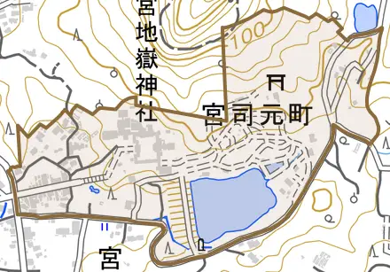 宮司元町とその周辺の地図。町の範囲を重ねている