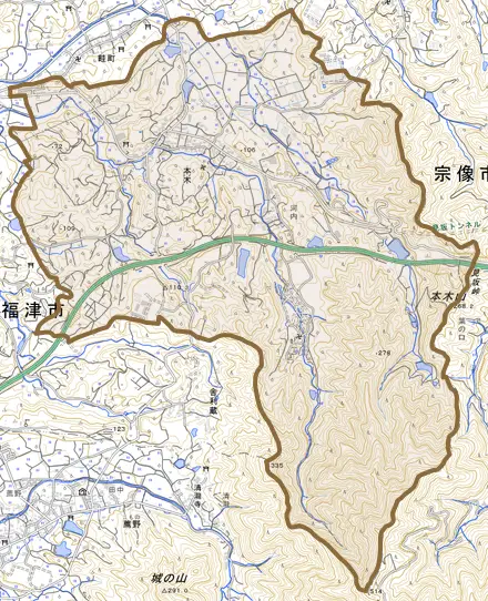 本木とその周辺の地図。町の範囲を重ねている