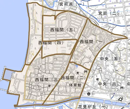 西福間とその周辺の地図。町の範囲を重ねている