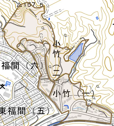 小竹とその周辺の地図。町の範囲を重ねている