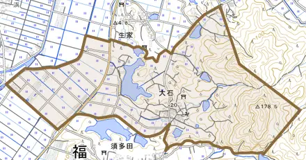 大石とその周辺の地図。町の範囲を重ねている