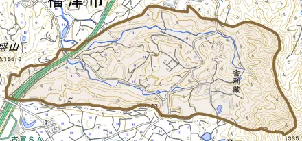 舎利蔵とその周辺の地図。町の範囲を重ねている