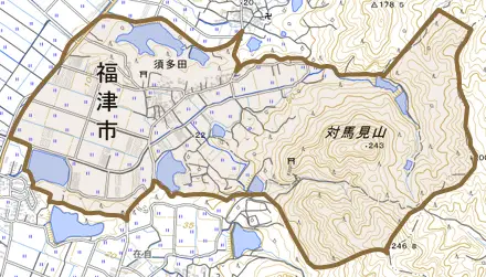 須多田とその周辺の地図。町の範囲を重ねている