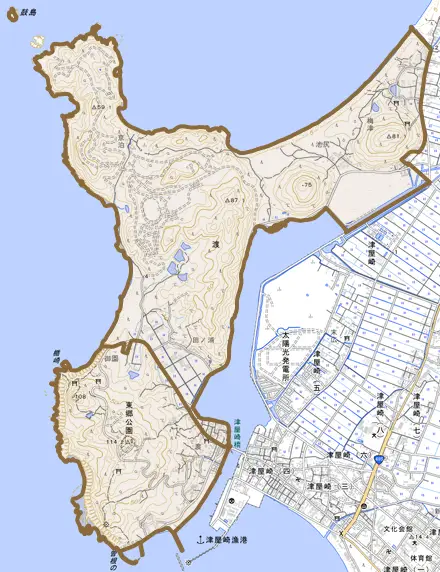 渡とその周辺の地図。町の範囲を重ねている
