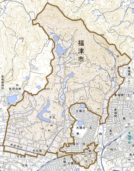 手光とその周辺の地図。町の範囲を重ねている