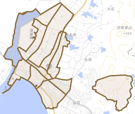 津屋崎とその周辺の地図。町の範囲を重ねている