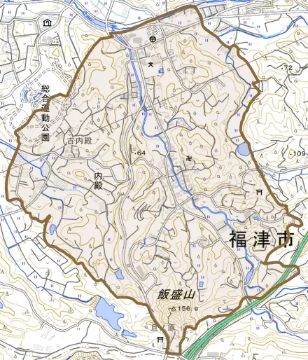 内殿とその周辺の地図。町の範囲を重ねている