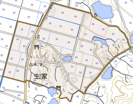 生家とその周辺の地図。町の範囲を重ねている