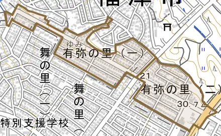 有弥の里とその周辺の地図。町の範囲を重ねている