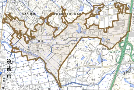 大字藤田とその周辺の地図。町の範囲を重ねている