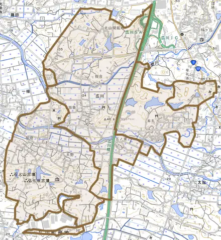 大字広川とその周辺の地図。町の範囲を重ねている