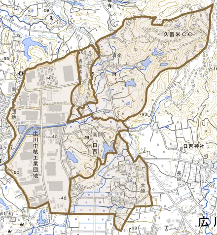 大字日吉とその周辺の地図。町の範囲を重ねている