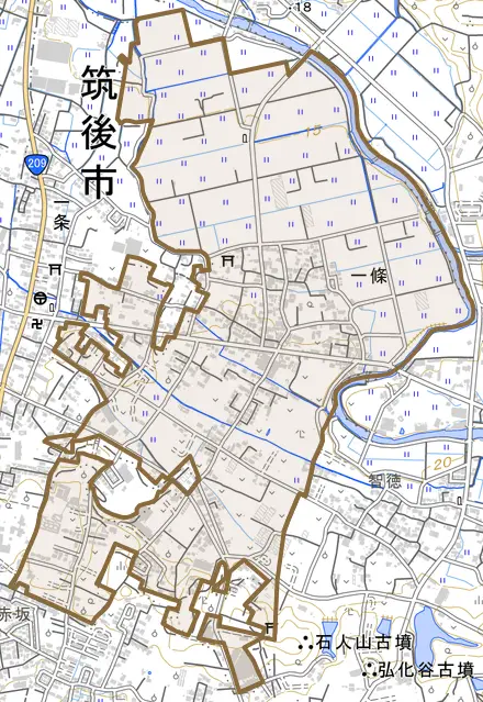 大字一條とその周辺の地図。町の範囲を重ねている