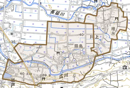 大字川上とその周辺の地図。町の範囲を重ねている