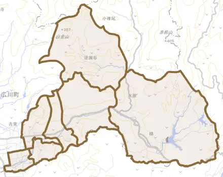 大字水原とその周辺の地図。町の範囲を重ねている