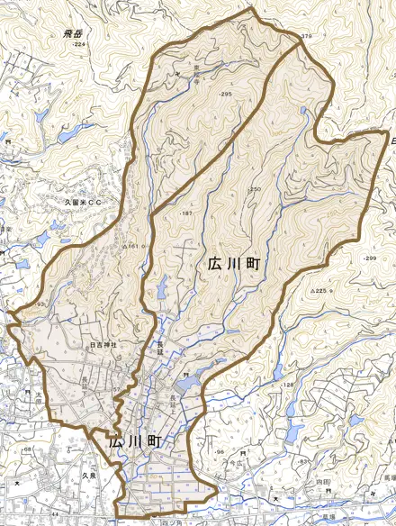 大字長延とその周辺の地図。町の範囲を重ねている