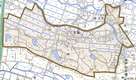 大字太田とその周辺の地図。町の範囲を重ねている