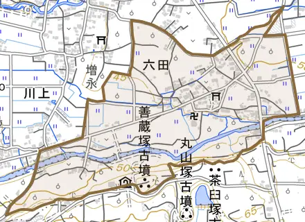 大字六田とその周辺の地図。町の範囲を重ねている