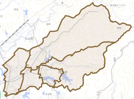 大字久原とその周辺の地図。町の範囲を重ねている
