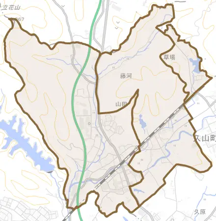 大字山田とその周辺の地図。町の範囲を重ねている