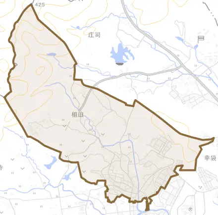 相田とその周辺の地図。町の範囲を重ねている