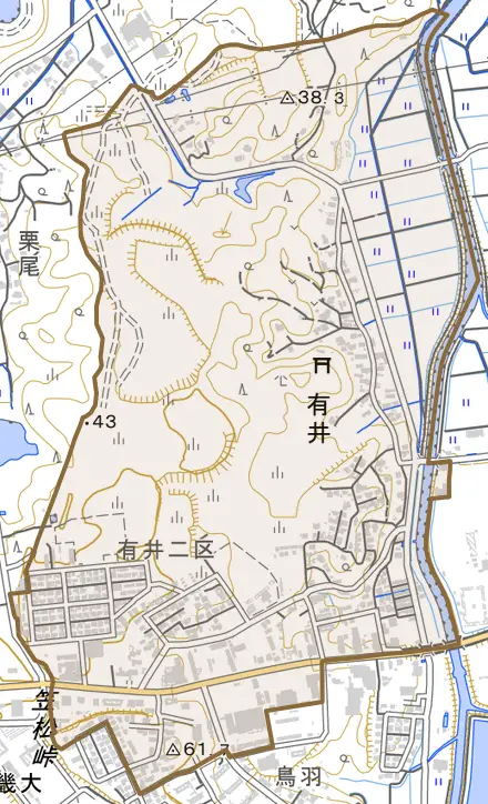 有井とその周辺の地図。町の範囲を重ねている