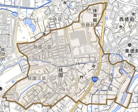 枝国とその周辺の地図。町の範囲を重ねている