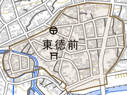 東徳前とその周辺の地図。町の範囲を重ねている