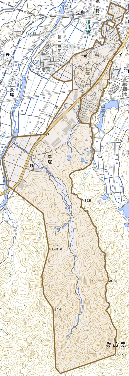 平塚とその周辺の地図。町の範囲を重ねている