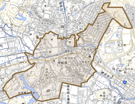 伊岐須とその周辺の地図。町の範囲を重ねている