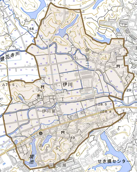 伊川とその周辺の地図。町の範囲を重ねている