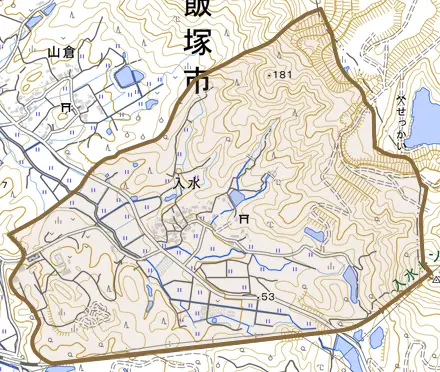 入水とその周辺の地図。町の範囲を重ねている