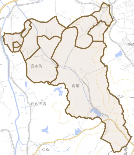 鹿毛馬とその周辺の地図。町の範囲を重ねている