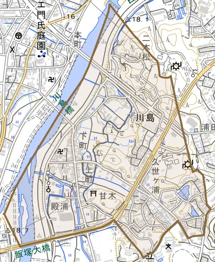 川島とその周辺の地図。町の範囲を重ねている